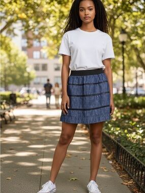 Tiered Blue Mini Skirt with Black Elastic Waist